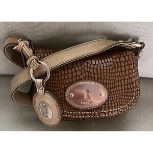 FOSSIL MADDOX CAMEL BROWN LEATHER+SILVER TONE SMALL FLAP CROSSBODY HANDBAG